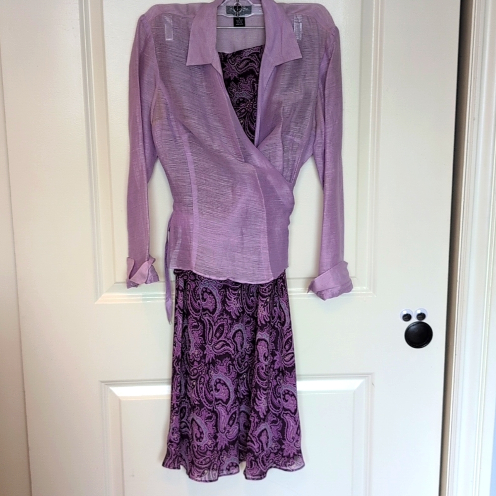 Ann Taylor 100% Silk Purple Paisley Top/Skirt + Linen Cover Set - Size 4